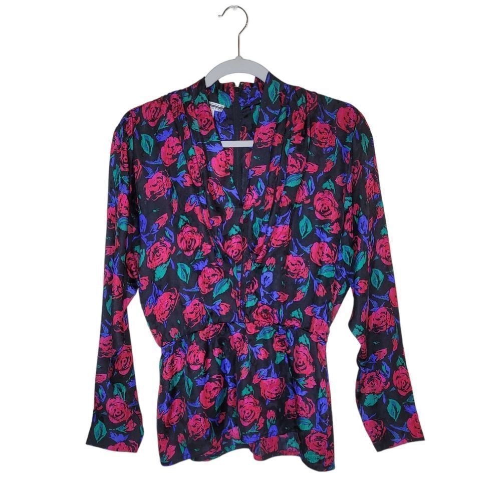 Vintage St Gillian Women's Long Sleeves Floral Print Silk Peplum Blouse Size 4